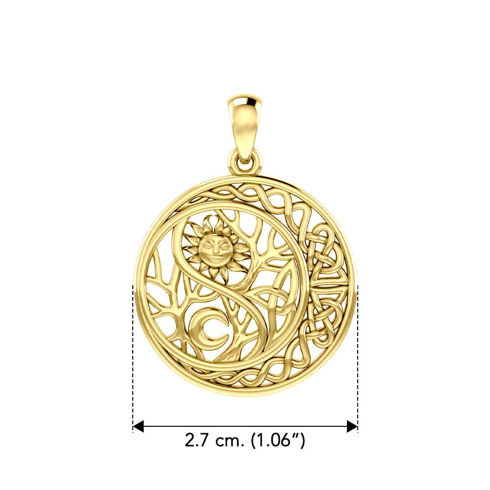 The Yin Yang Tree of Life on Celtic Crescent Moon Solid Yellow Gold Pendant GPD6060