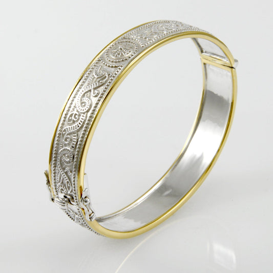 Small Silver and Gold Plate Border Celtic Bangle with open lock MBA211