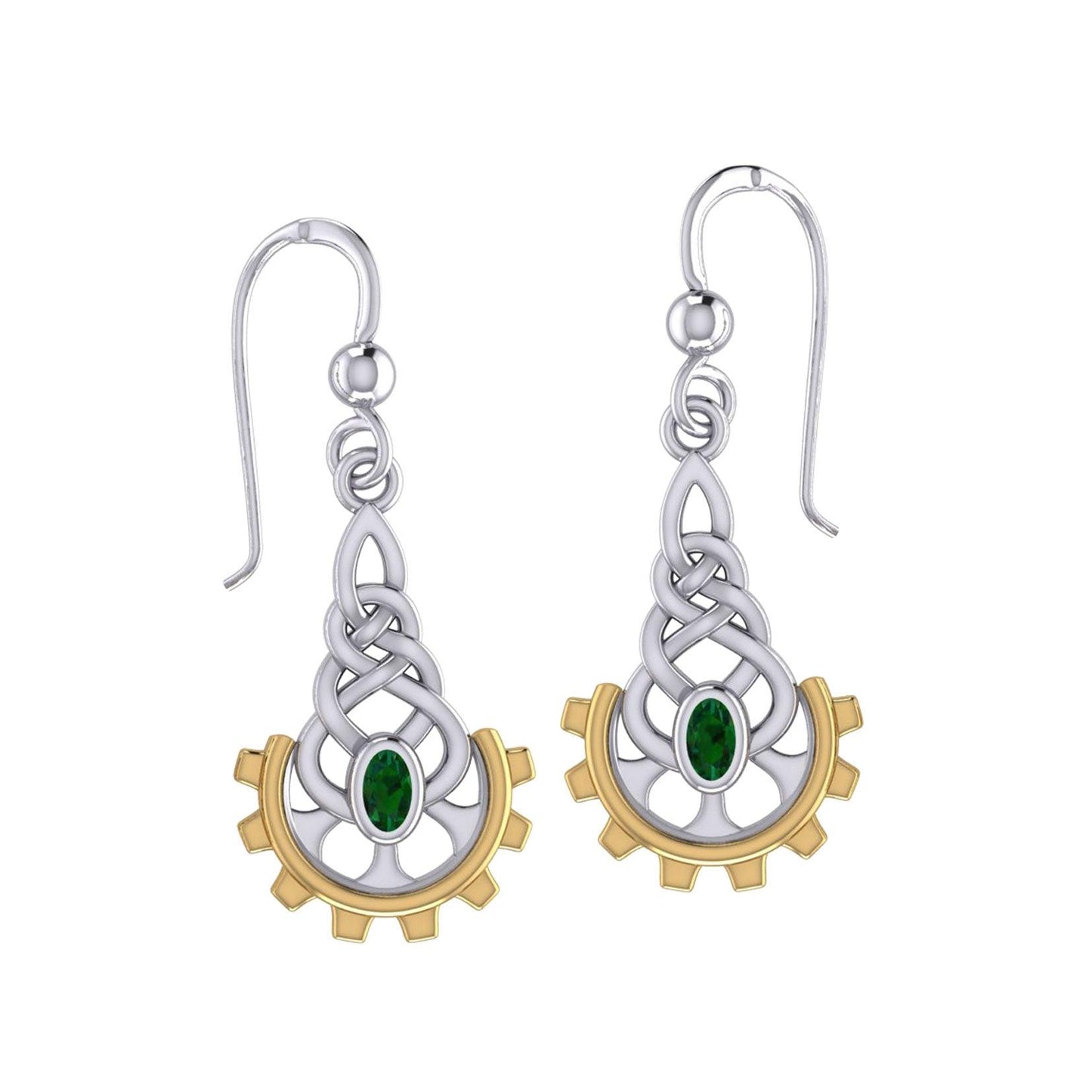 Steampunk Celtic Silver and Gold Accent Earrings with Gemstone MER2116
