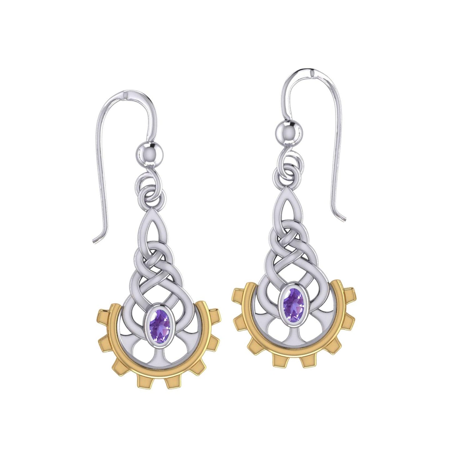 Steampunk Celtic Silver and Gold Accent Earrings with Gemstone MER2116