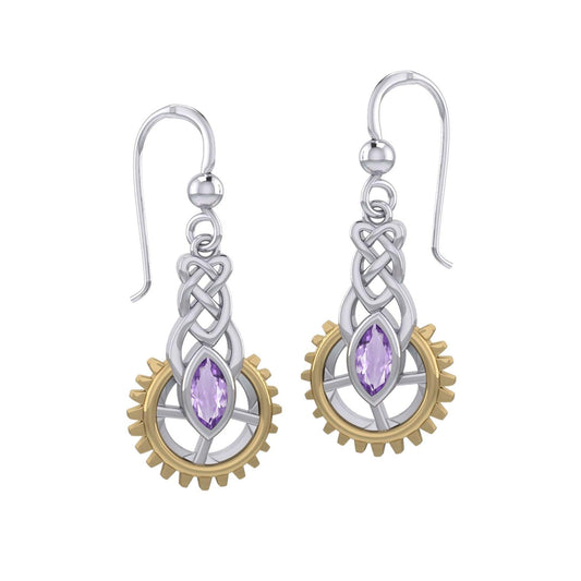 Steampunk Celtic Silver and Gold Accent Earrings with Marquise Gemstone MER2118