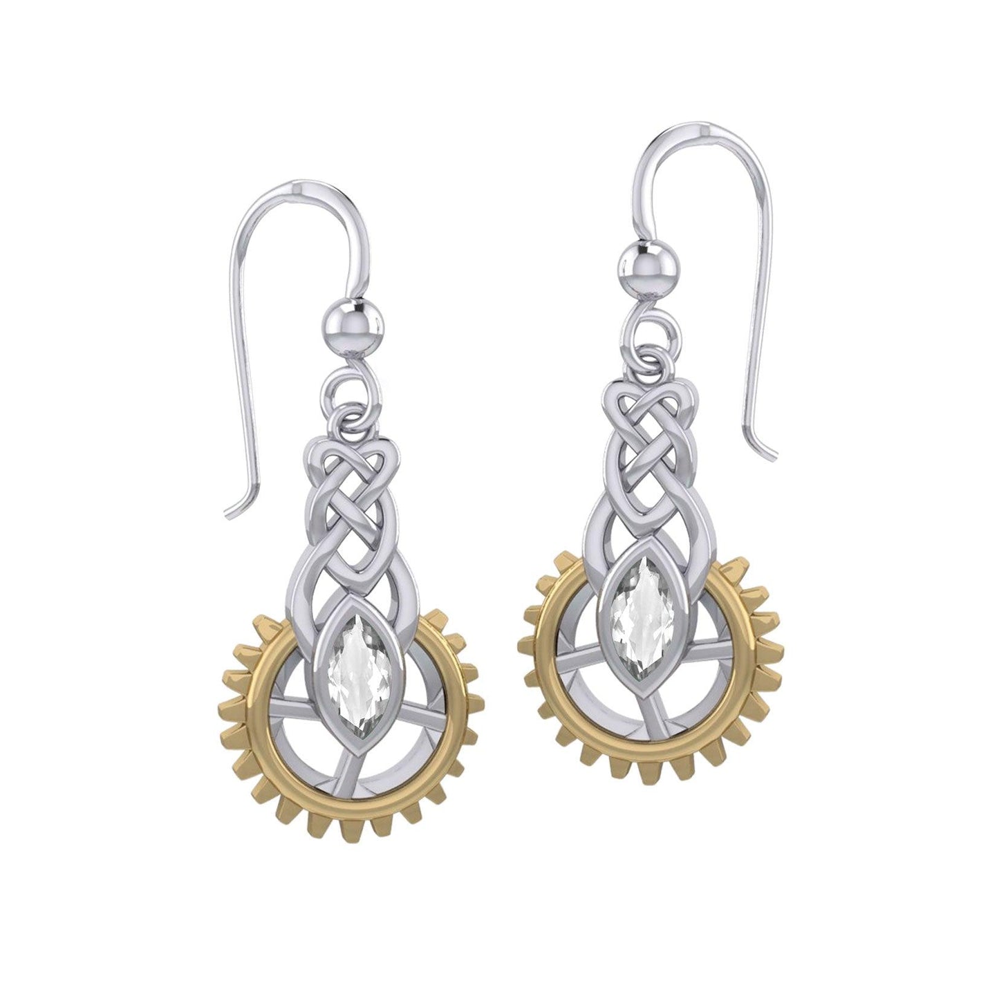 Steampunk Celtic Silver and Gold Accent Earrings with Marquise Gemstone MER2118