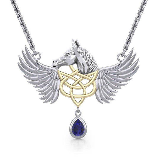 Celtic Pegasus Horse with Wing Silver Necklace with gold plating 14K 2 Micron MNC540