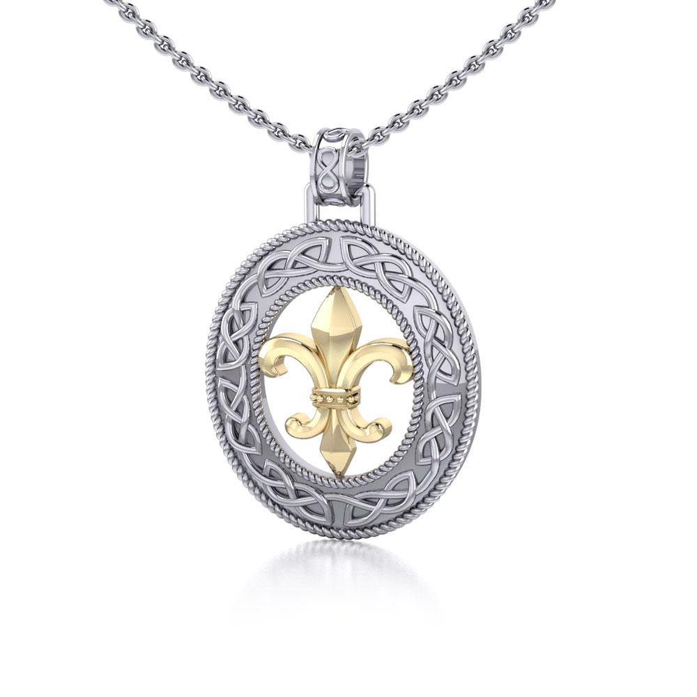 Celtic Knot Fleur De Lis Gold Accent Silver Pendant MPD336