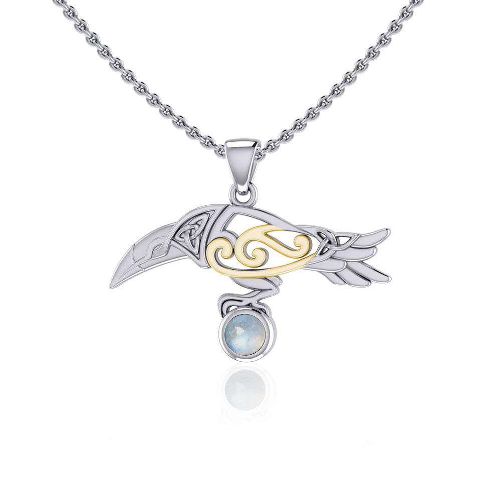 Celtic Spirit Raven with Gemstone Silver and Gold Pendant MPD5252