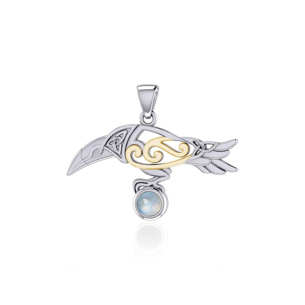 Celtic Spirit Raven with Gemstone Silver and Gold Pendant MPD5252