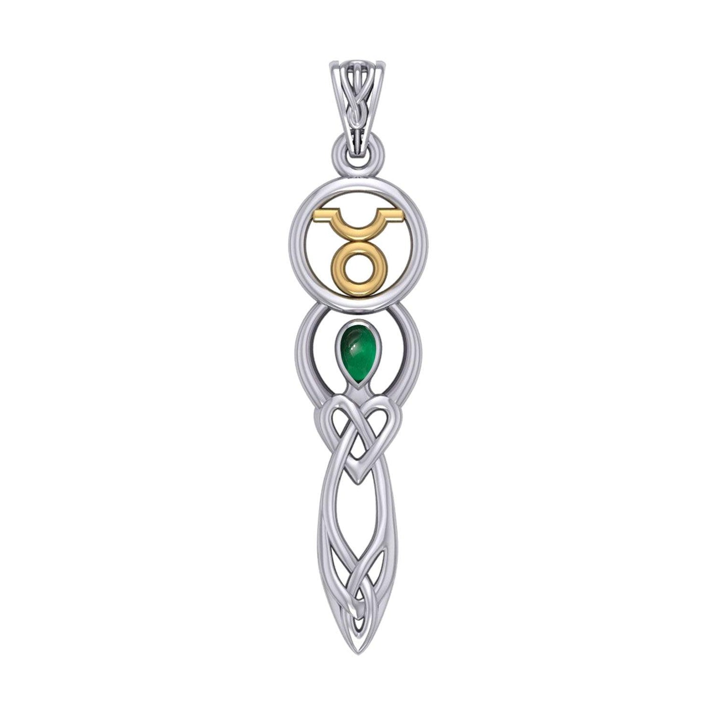 Celtic Goddess Taurus Astrology Zodiac Sign Silver and Gold Accents Pendant with Emerald MPD5936