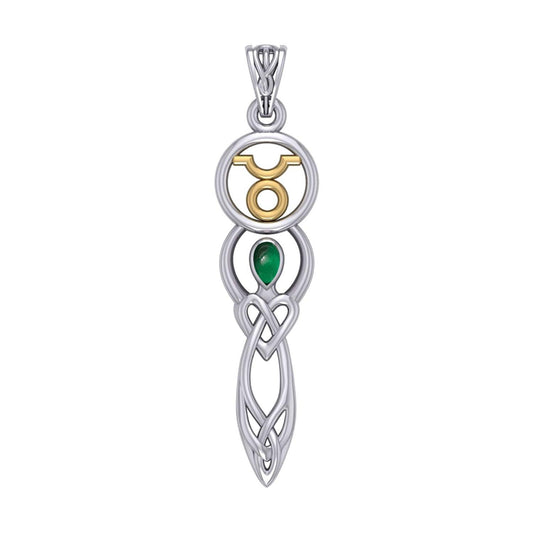 Celtic Goddess Taurus Astrology Zodiac Sign Silver and Gold Accents Pendant with Emerald MPD5936