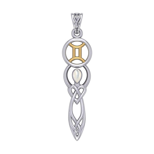 Celtic Goddess Gemini Astrology Zodiac Sign Silver and Gold Accents Pendant with Mother of Pearl MPD5937