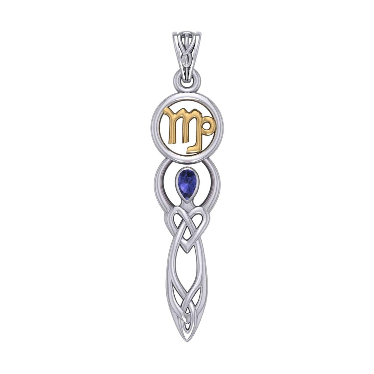Celtic Goddess Virgo Astrology Zodiac Sign Silver and Gold Accents Pendant with Sapphire MPD5940