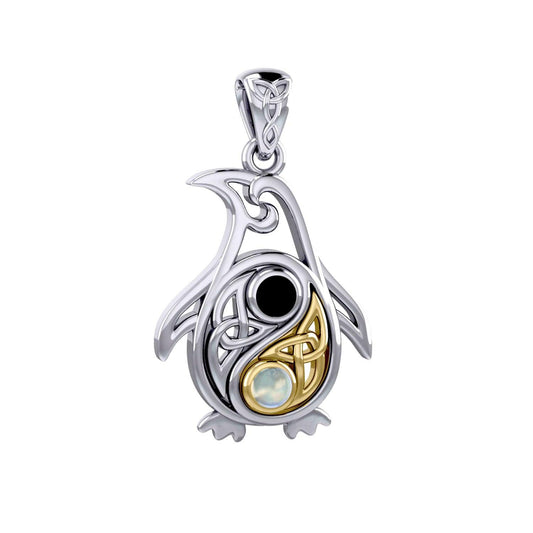 Celtic Yin Yang Spirit of The Antarctic Penguin Silver and Gold Accent Pendant with Gem MPD6014