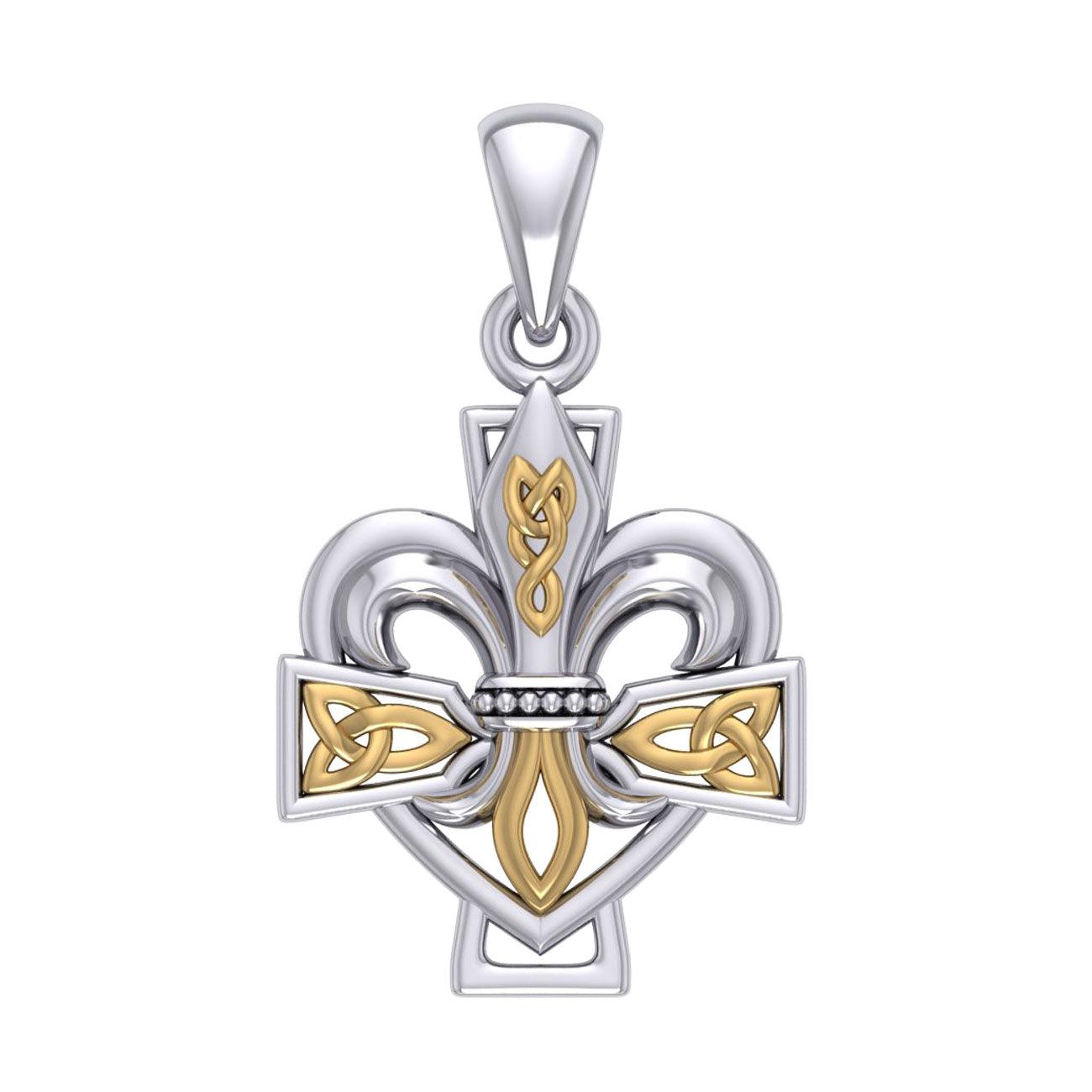 A powerful combination of Celtic elements ~ Sterling Silver with 14K Gold accent Jewelry Pendant in Fleur-de-Lis and Celtic Cross MPD6068