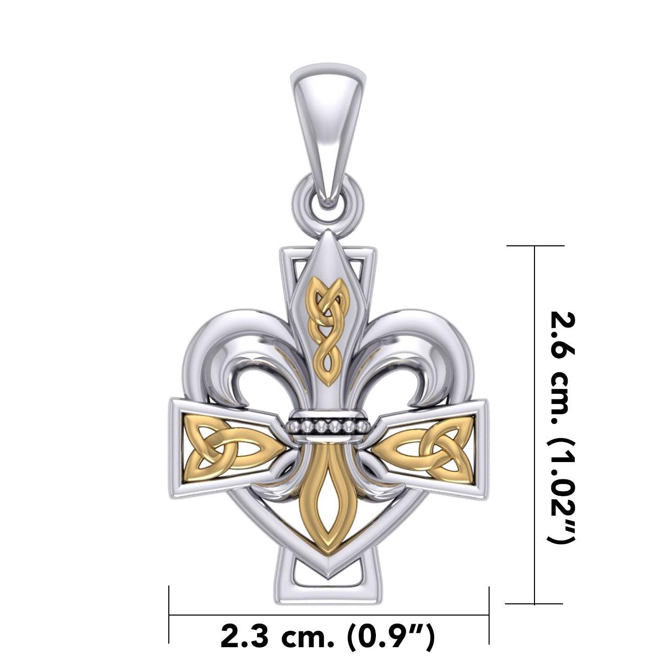 A powerful combination of Celtic elements ~ Sterling Silver with 14K Gold accent Jewelry Pendant in Fleur-de-Lis and Celtic Cross MPD6068