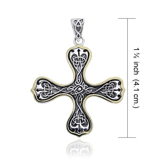 Elaborate Celtic Knotwork Cross Silver and 14K Gold Accent Pendant MPD988