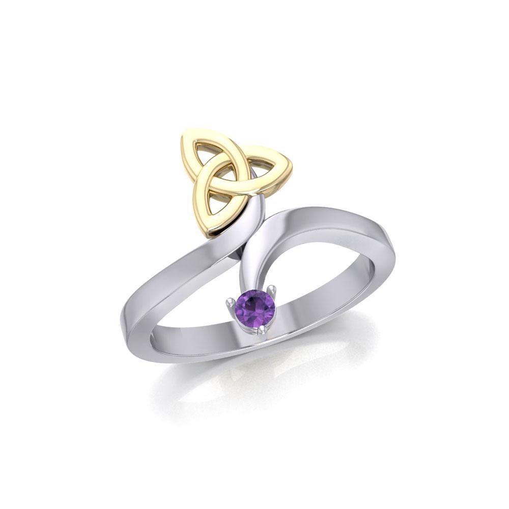 Celtic Trinity Knot with Round Gem Silver and Gold Ring MRI1788