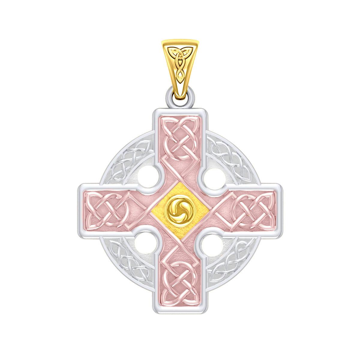 The Celtic Cross Triskele Solid 14K White Yellow and Pink Gold pendant RTP477