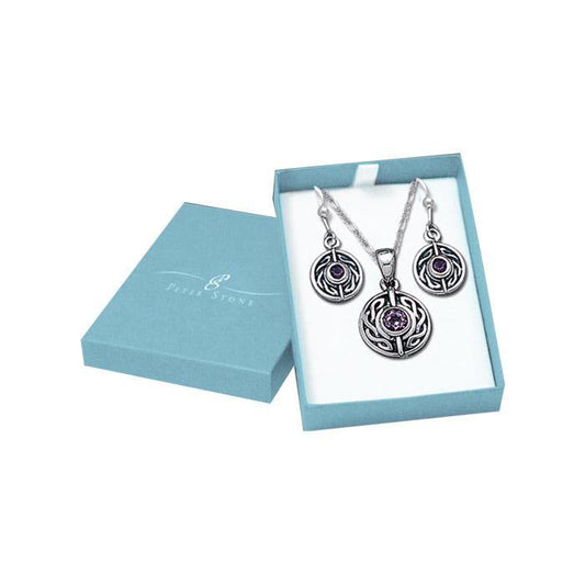 Silver Round Gemstone Celtic Knot Pendant Chain and Earrings Box Set SET033