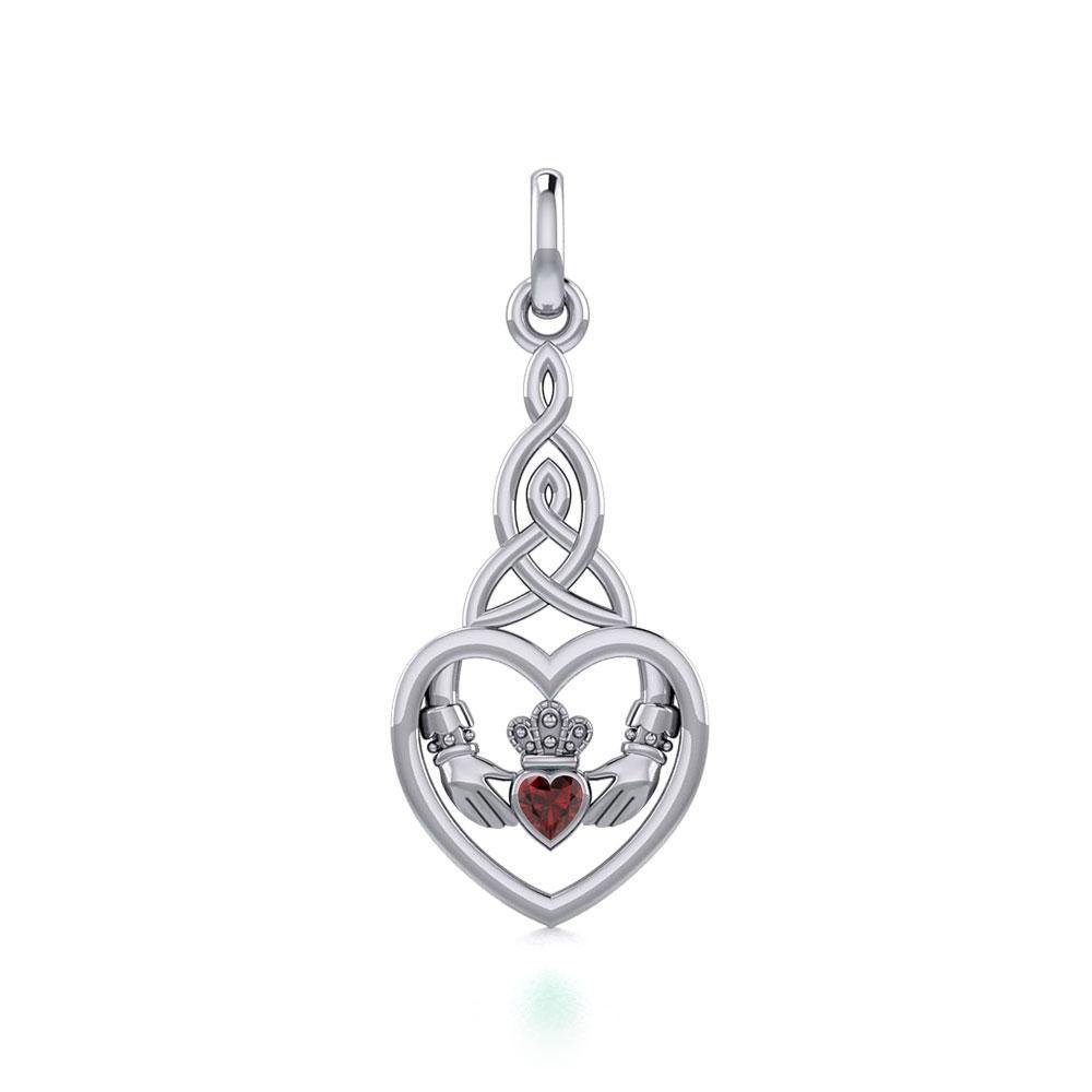 Heart Claddagh with Celtic Trinity Knot Silver Charm with Gemstone TCM667
