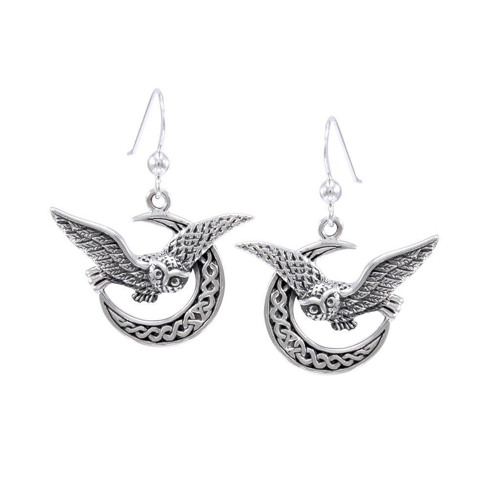 Owl Flying on Celtic Crescent Moon Silver Earrings TER1489
