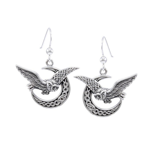 Owl Flying on Celtic Crescent Moon Silver Earrings TER1489