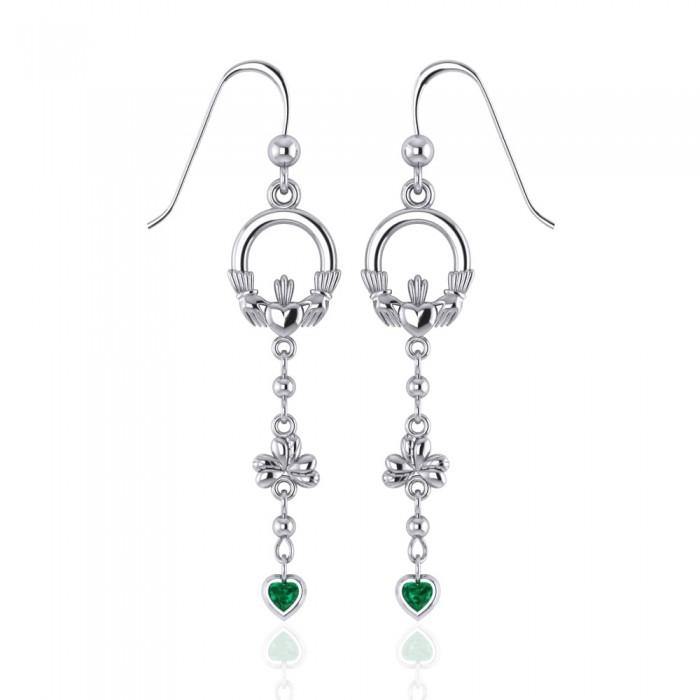Celtic Claddagh Shamrock Emerald Glass Hearts Silver Earrings TER153