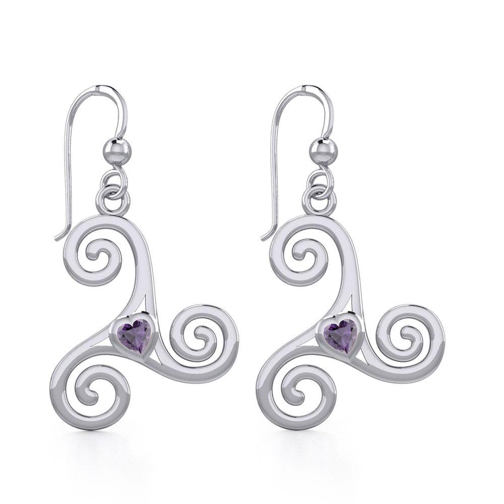 Celtic Spiral Triskele Silver Earrings with Heart Gemstone TER1831