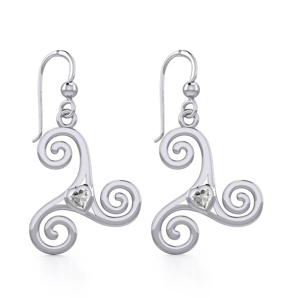 Celtic Spiral Triskele Silver Earrings with Heart Gemstone TER1831
