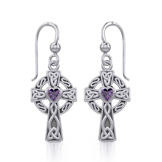 Celtic Cross Sterling Silver Earrings with Heart Gemstone TER1833