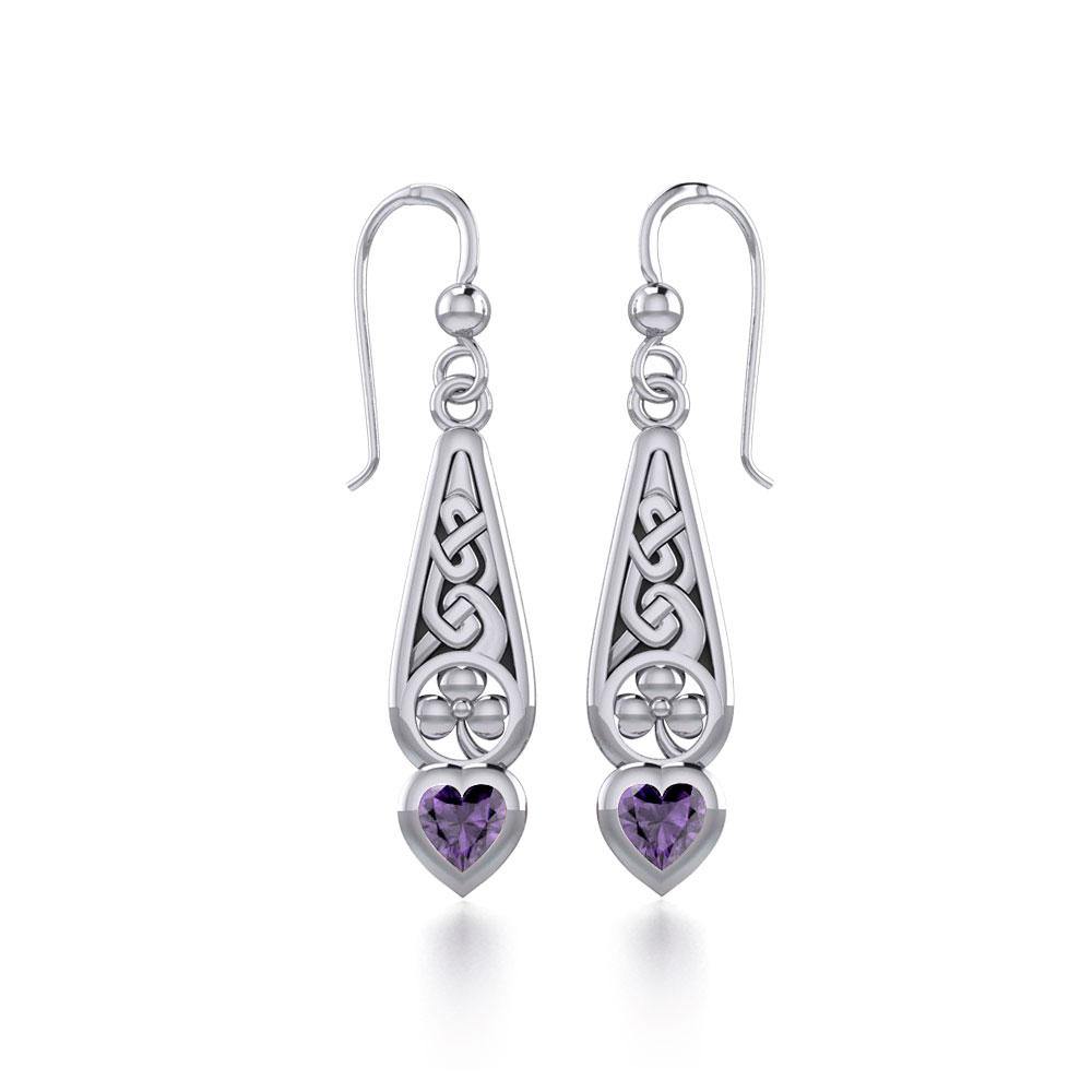 Celtic Knotwork Silver Shamrock Earrings with Heart Gemstone TER1834