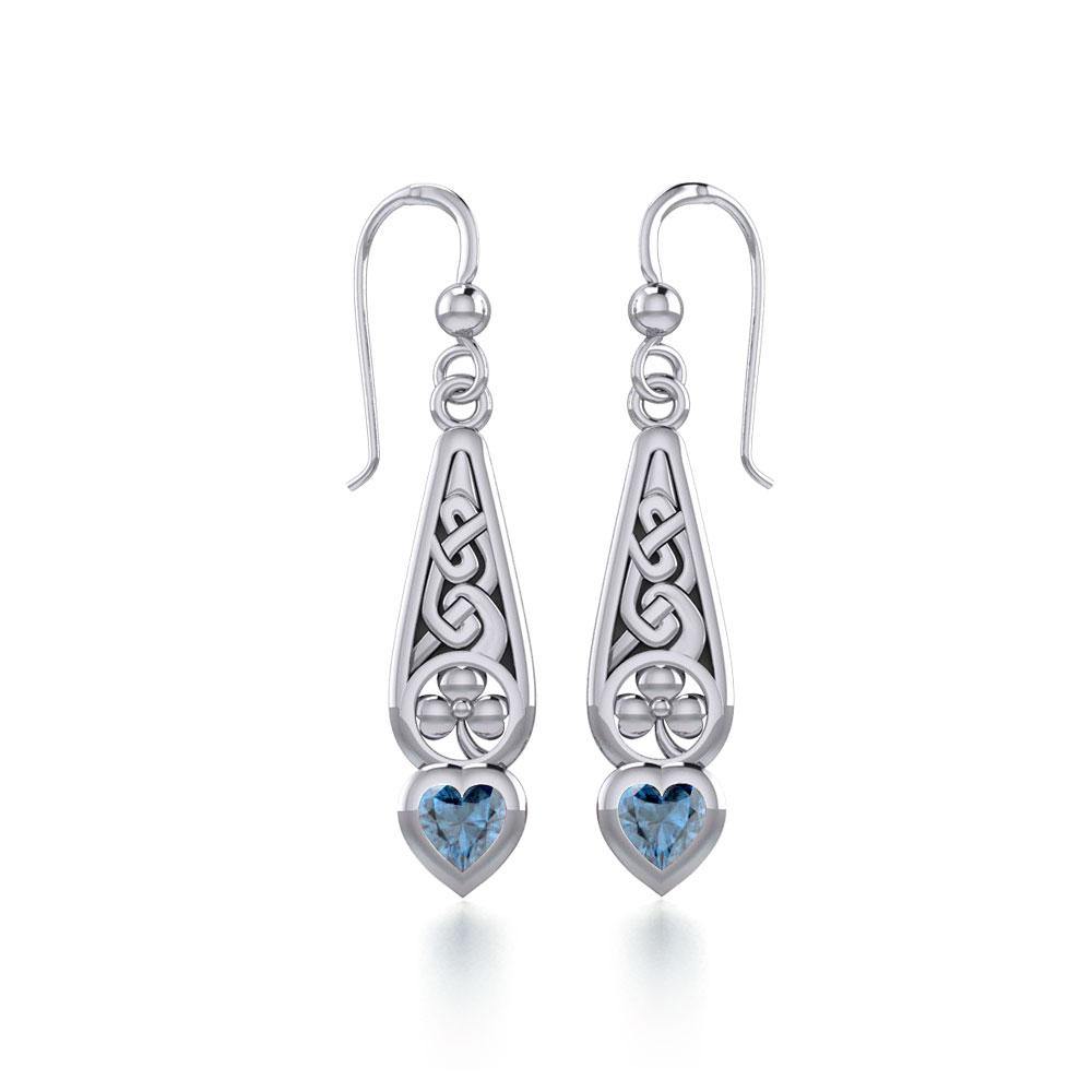 Celtic Knotwork Silver Shamrock Earrings with Heart Gemstone TER1834