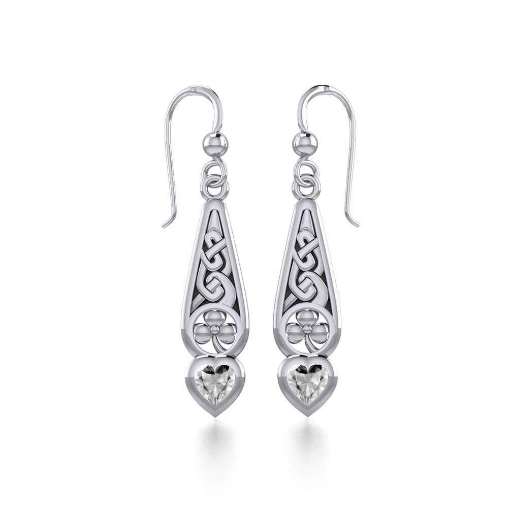 Celtic Knotwork Silver Shamrock Earrings with Heart Gemstone TER1834