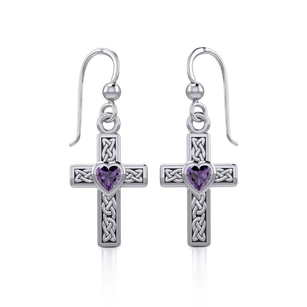 Celtic Cross Silver Earrings with Heart Gemstone TER1841