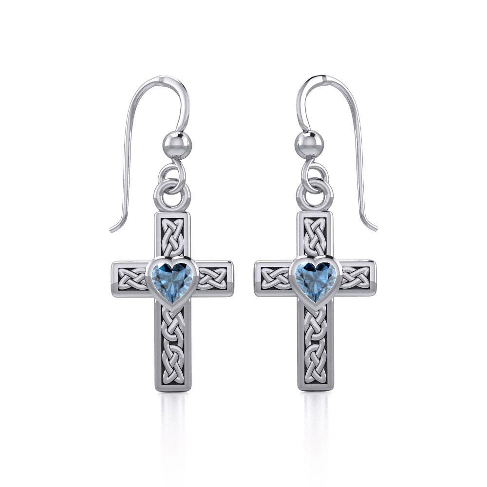 Celtic Cross Silver Earrings with Heart Gemstone TER1841