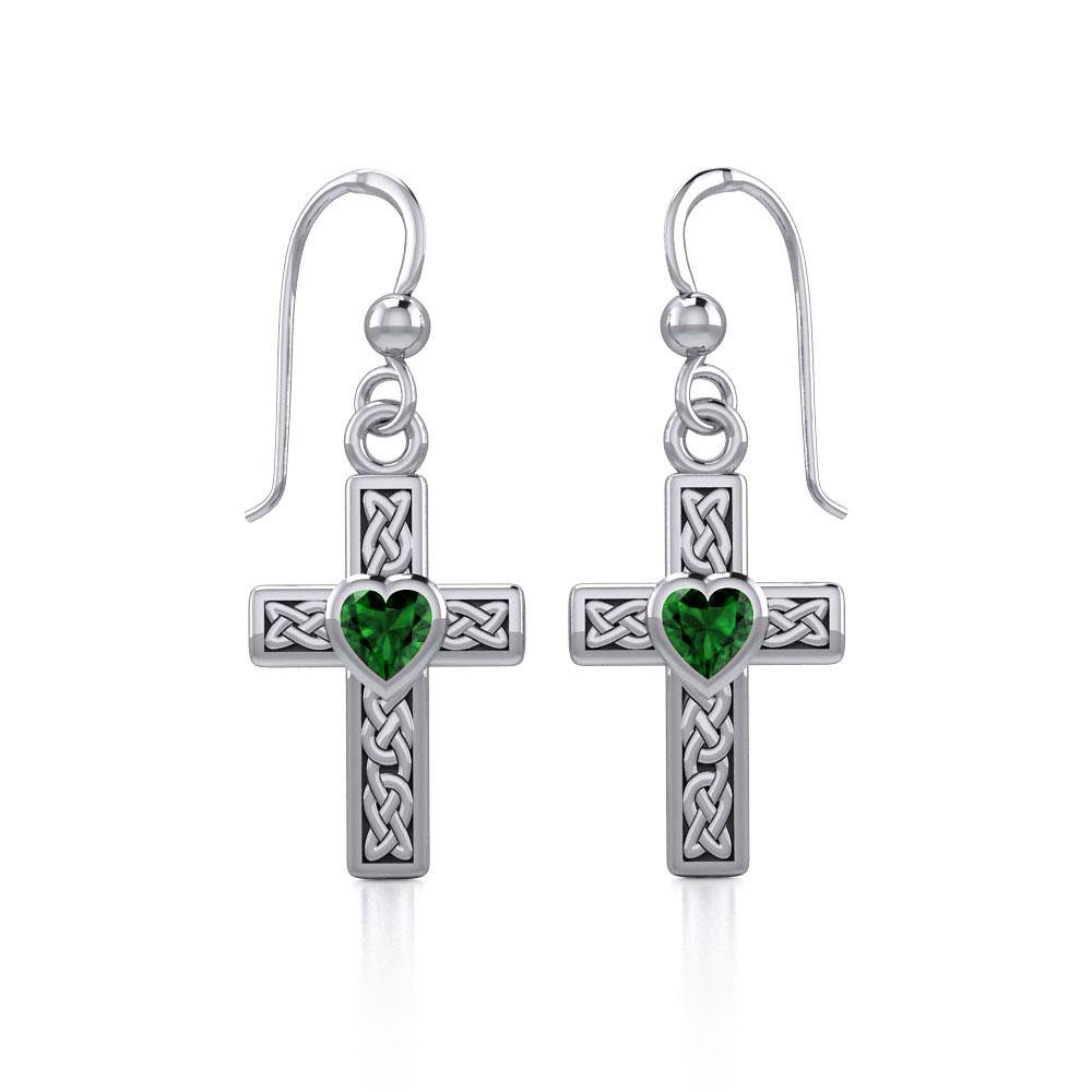 Celtic Cross Silver Earrings with Heart Gemstone TER1841