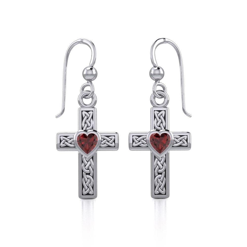 Celtic Cross Silver Earrings with Heart Gemstone TER1841