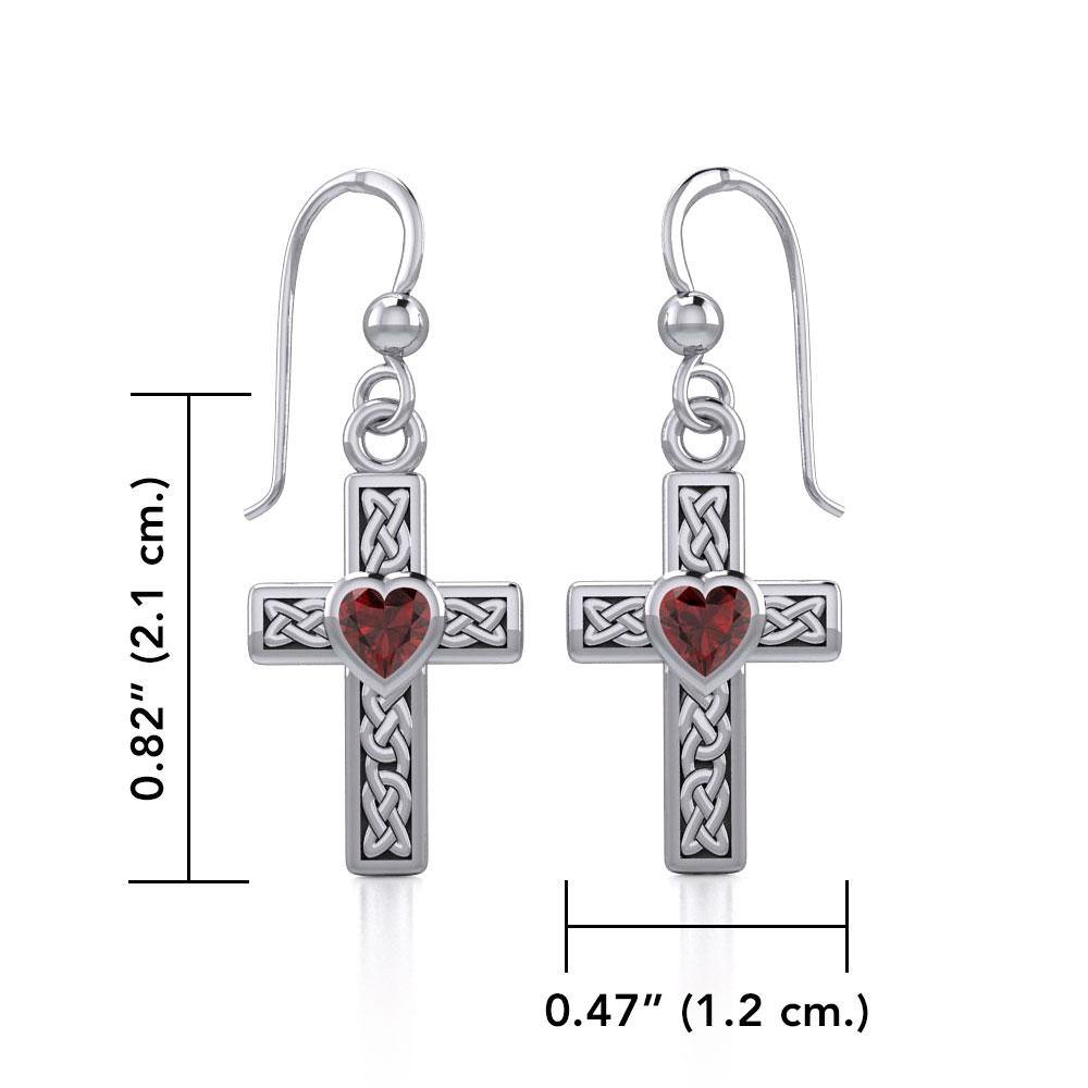 Celtic Cross Silver Earrings with Heart Gemstone TER1841