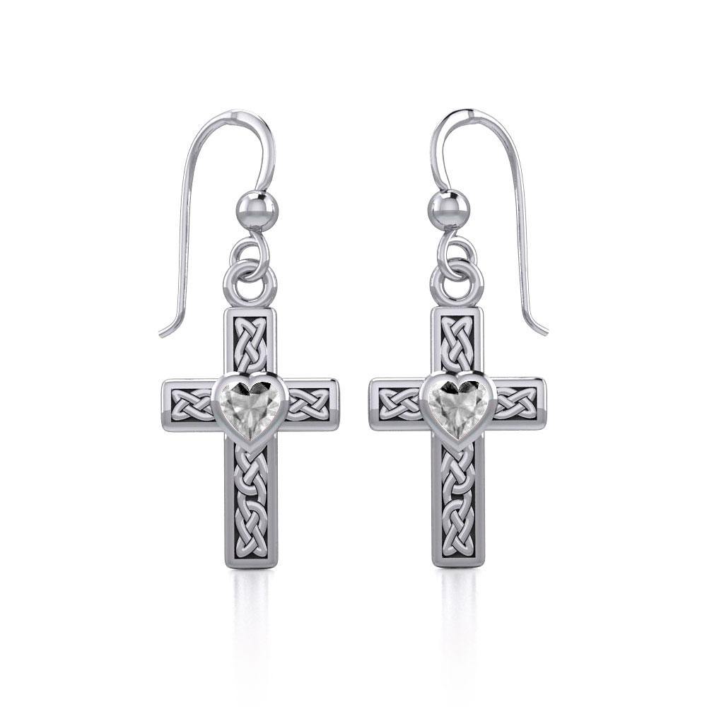 Celtic Cross Silver Earrings with Heart Gemstone TER1841