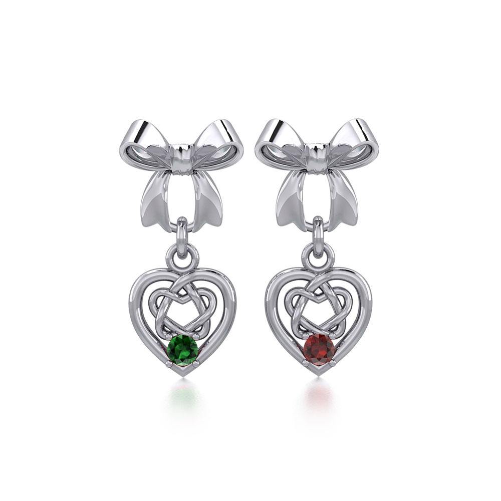 Ribbon with Dangling Gemstone Celtic Heart Silver Post Earrings TER1857