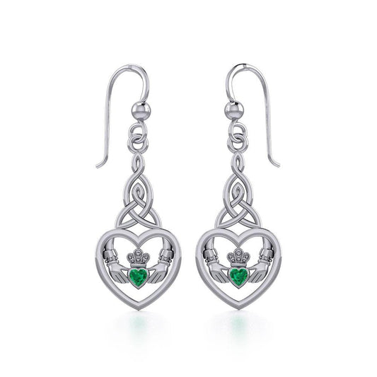 Heart Claddagh with Celtic Trinity Knot Silver Earrings with Gemstone TER1882