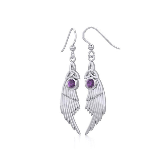 Celtic Trinity Knot Angel Wing Silver Earrings with Round Gemstone TER1926