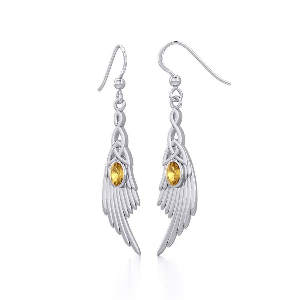 Celtic Knot Angel Wing Silver Earrings with Oval Gemstone TER1927