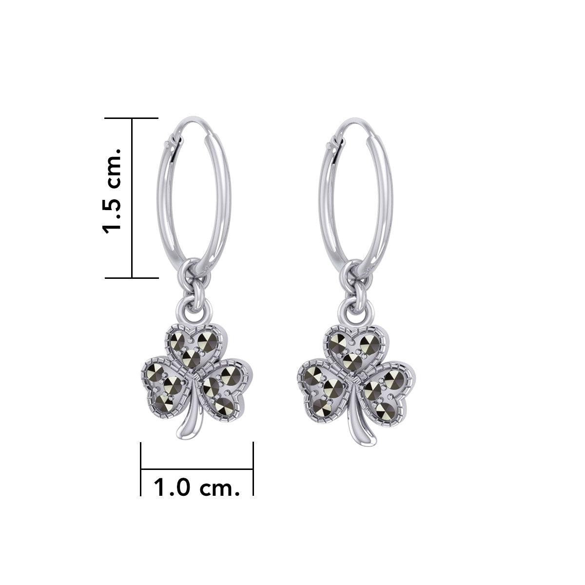 Celtic Shamrock Silver Hoop Earrings with Marcasite TER2108