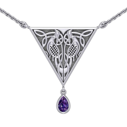 Celtic Knotwork Bird Silver Necklace With Gemstone TN053