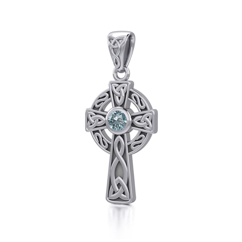 Celtic Knotwork Cross Sterling Silver Pendant with Gem TP1412