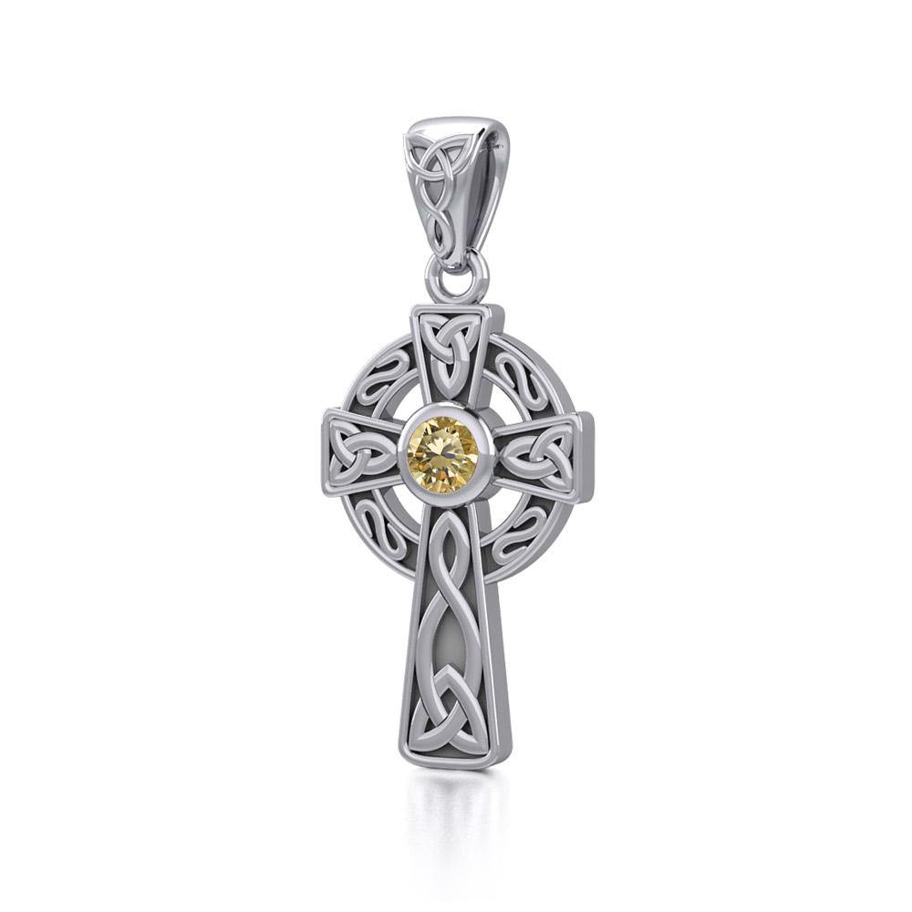 Celtic Knotwork Cross Sterling Silver Pendant with Gem TP1412