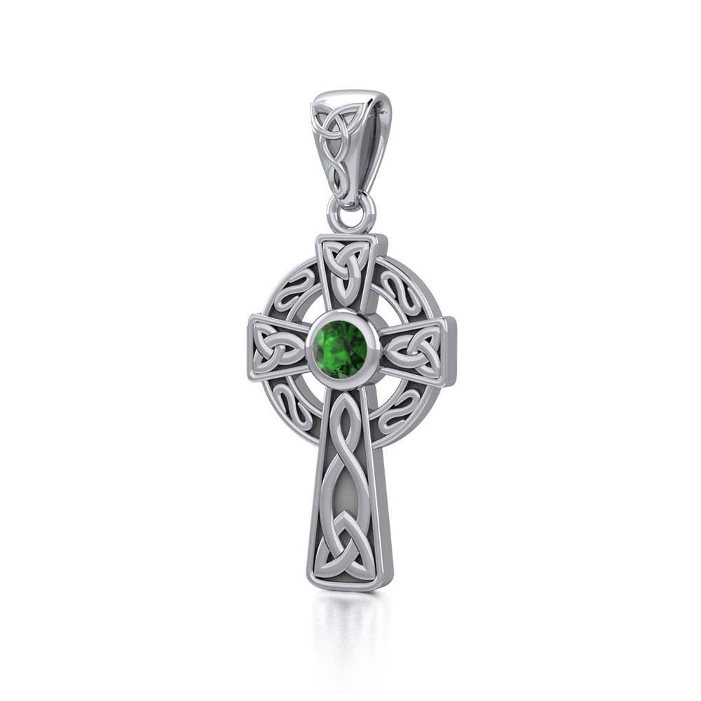 Celtic Knotwork Cross Sterling Silver Pendant with Gem TP1412