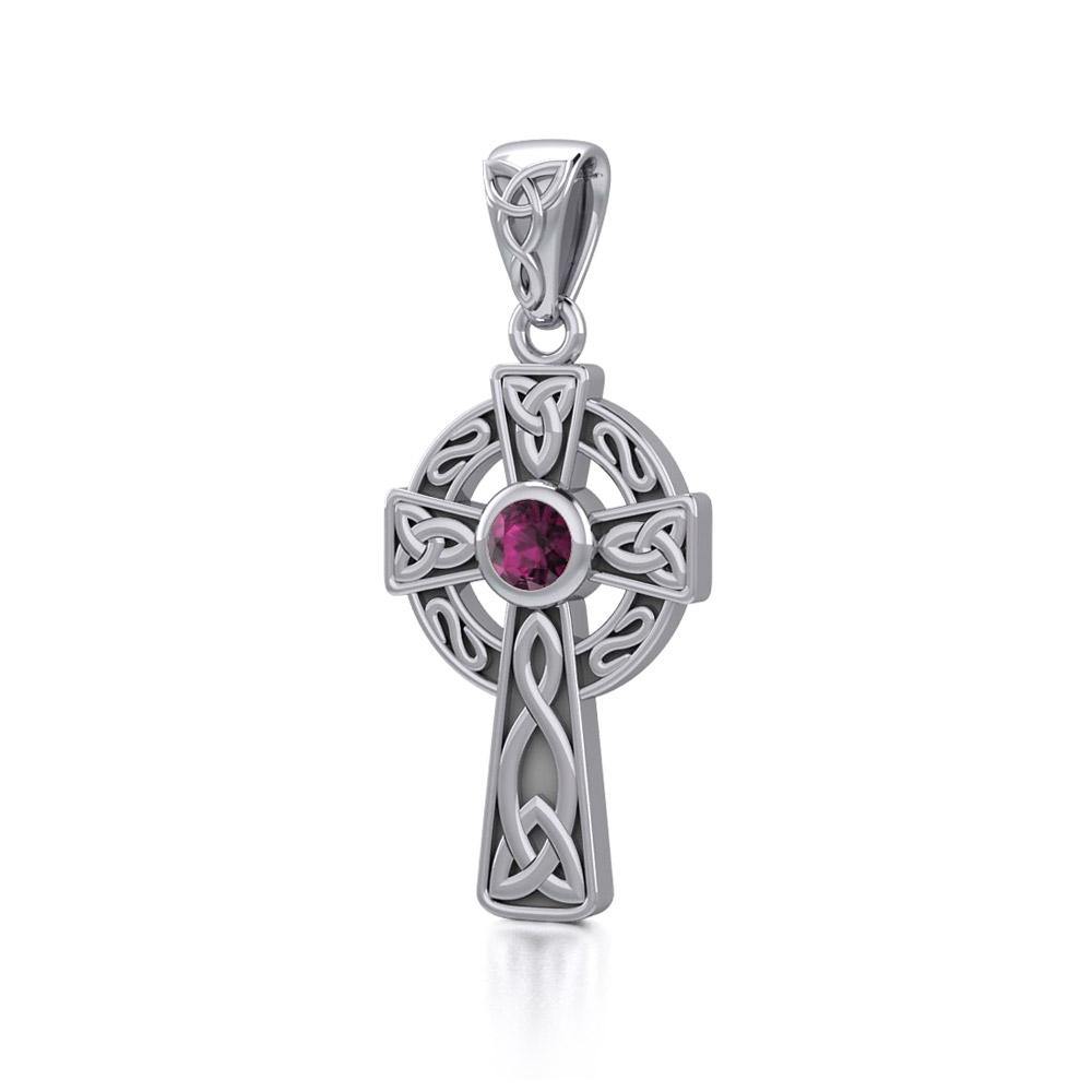 Celtic Knotwork Cross Sterling Silver Pendant with Gem TP1412