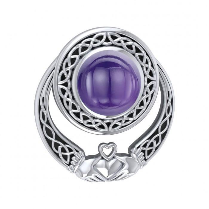 Celtic Knotwork Claddagh Sterling Silver Pendant with Gem TPD220