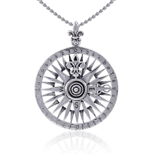 Celtic tradition in Fleur-de-Lis Sterling Silver Rose Compass Jewelry Pendant TPD4342