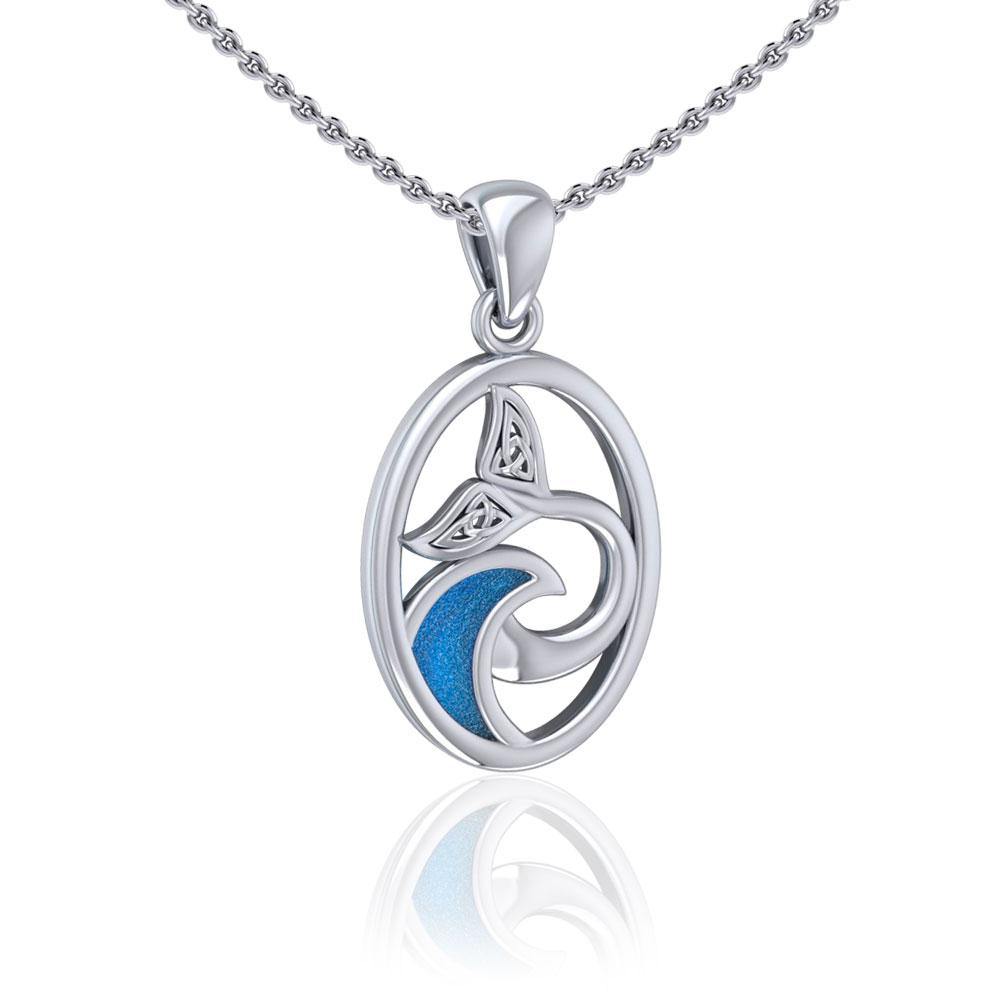 Sterling Silver Oval Celtic Whale Tail Pendant with Enamel Wave TPD5184